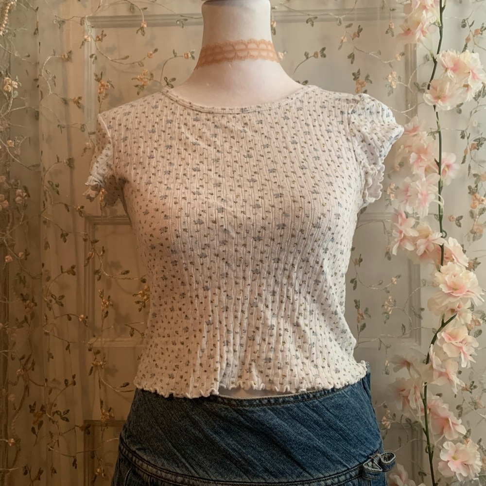 pointelle knit white and blue floral top size XS